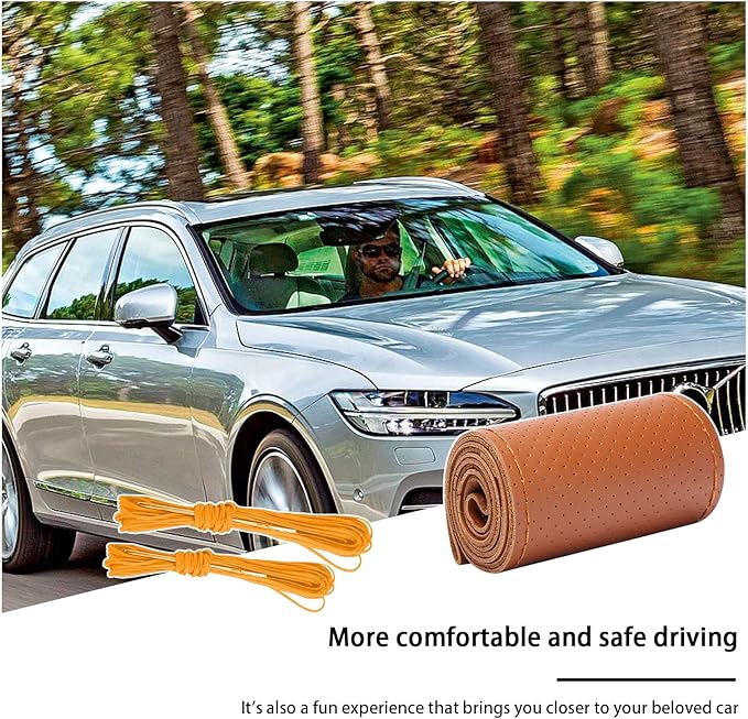 Kewucn Genuine Leather Steering Wheel Cover, 15" Universal Car Steering Wheel Protector with Needle Thread, Breathable Anti-Slip Steering Wheel Cover DIY Stitch on Wrap (Brown, Full Hole)