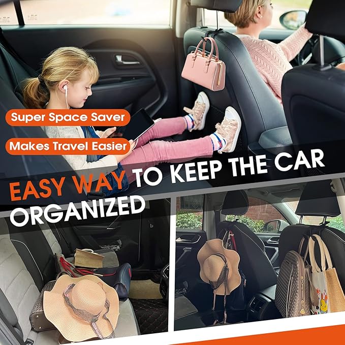 Car Headrest Hooks for Purses and Bags, Upgraded 2 in 1 Cars Back Seat Head Rest Hanger Vehicle Leather Organizer Storage Holder Hook Matching Cars Interior, 2-Pack, Black