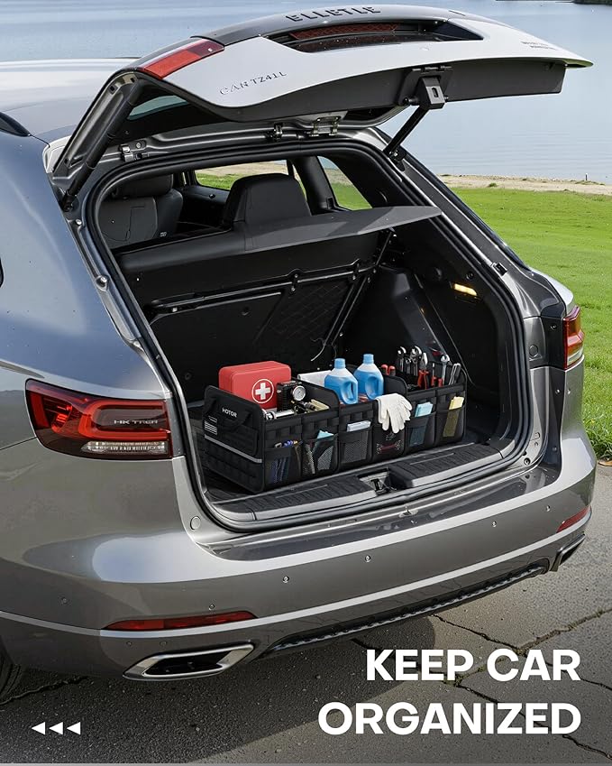 HOTOR Tactical Car Trunk Organizer - Foldable Trunk Organizer for SUV with Front MOLLE Pocket & Reflective Strips, Essential Car Accessories for Tools & Outdoor Storage, 12.8" x 32.3" x 11.0", Black