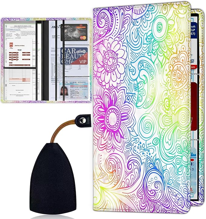 Car Registration Holder, Waterproof PU Leather Vehicle Card Document Glove Box Organizer, Women Interior Auto Accessories Case for Cards, Driver License Car Insurance Holder, Colorful Mandala Pattern