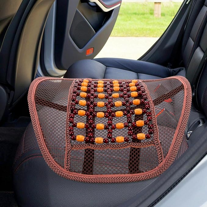 Car Seat Cushion Lumbar Support Pillow with Wood Beads and Ventilated Backrest, Breathable Car Waist Cushion for Driving, Office Chair, and Long Sitting