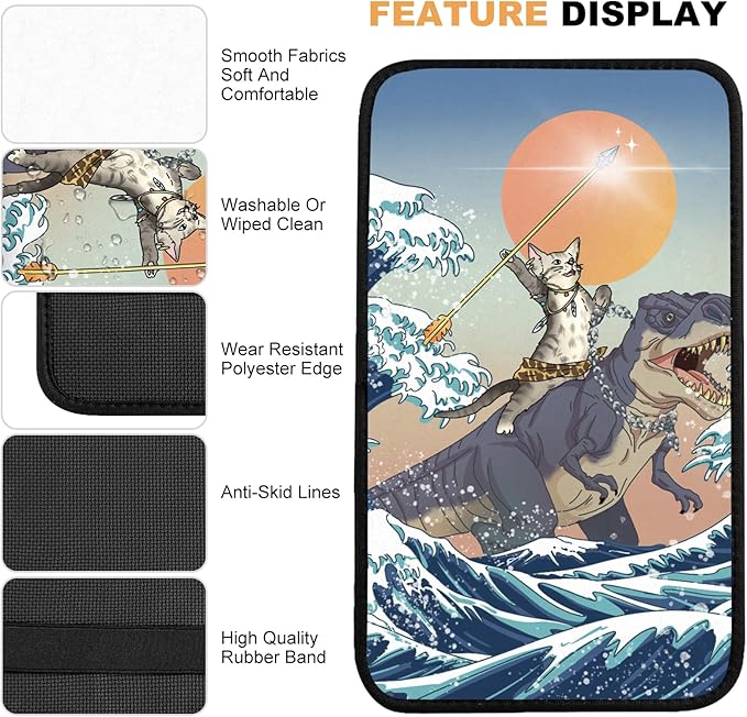 Cat and Dinosaur Car Center Console Cover,Car Armrest Pad Car Armrest Seat Box Cover Protector for Most Vehicle, SUV, Truck, Car
