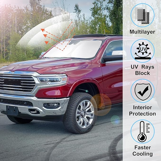 Windshield Sun Shade for 2019-2024 2025 Dodge RAM 1500 Accessories CrewCab,MegaCab Pickup,2Dr RegularCab,4Dr QuadCab Custom Fit Foldable Sunshade