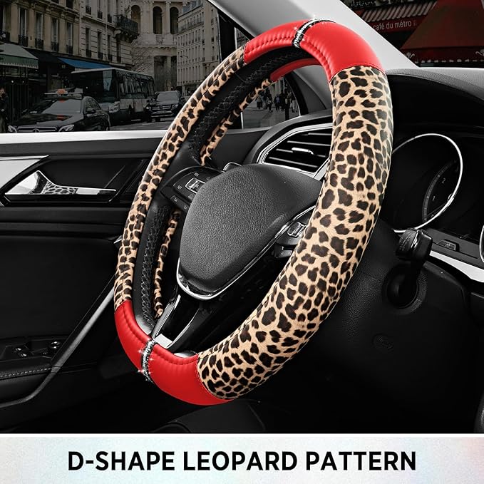 Road Comforts Leopard Steering Wheel Cover - Made with PVC Leather Cheetah Print, D-Shaped Automotive Steering Wheels - Anti-Slip, Universal Fit 14 1/2 inches to 15 inches - Red