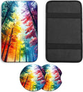 JANENFNA Car Armrest Cover Pads Universal Fashion Cute Auto Center Console Armrest Cover Pad with 2PCS Car Coasters Soft Waterproof Car Armrest Seat Protector for Women,Colorful Forest-A