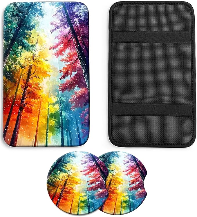JANENFNA Car Armrest Cover Pads Universal Fashion Cute Auto Center Console Armrest Cover Pad with 2PCS Car Coasters Soft Waterproof Car Armrest Seat Protector for Women,Colorful Forest-A