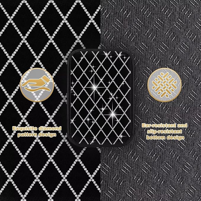 Bling Center Console Cover with 2 Side Pockets Fit for Corolla Cross Multi-Functional Car Armrest Cushion Diamond-Studded Rhombus Pattern Style(Black&Silver Diamond)
