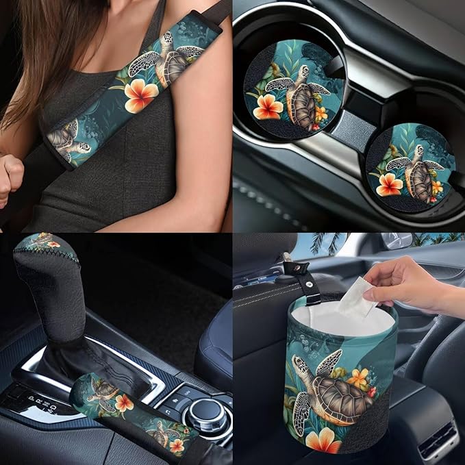 DNGKAOJE Hawaiin Sea Turtle Car Seat Covers Full Set,13 Pieces Art Turtle Print Seatbelt Shoulder Pads,Collapsible Garbage Bin,Armrest Pad Cover,Armrest Pad Set for Women Men Auto Interior Accessories