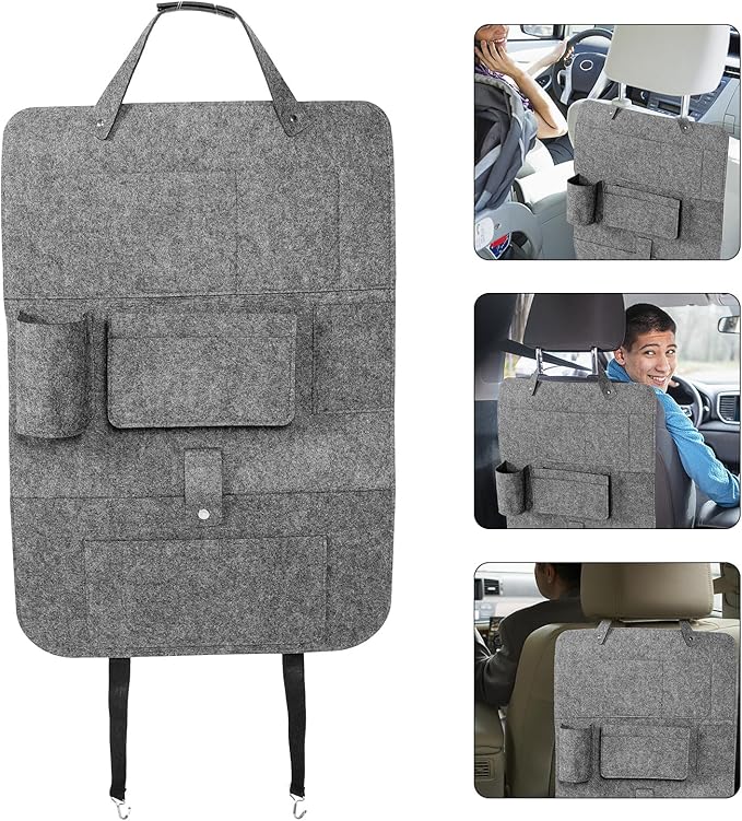 Car Backseat Hanging Storage Bag Felt Seat Organizer with Kick Protection Medium Gray Small Pouch for Vehicle Interior and Travel