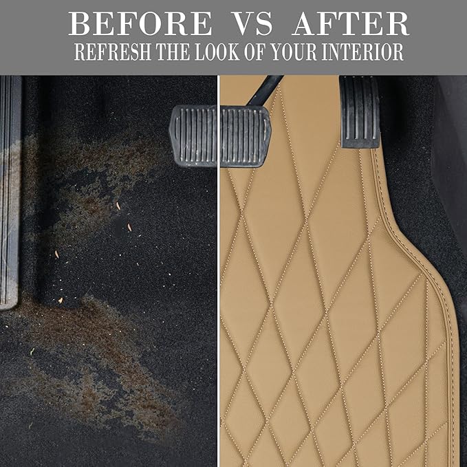 CAR PASS Luxury Faux Leather Floor Mats for Cars, Waterproof All Weather Car Mats Full Set, Anti-Slip Deluxe Automotive Floor Mats Universal Fit for Most SUV,Vans,Sedans,Trucks, 4 Piece Beige