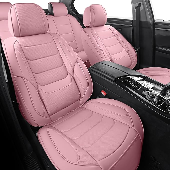 SCOMEE Pink Leather Car Seat Covers Full Set Breathable Seat Protectors Waterproof Automotive Seat Covers Universal Fit for Most Cars SUVs Trucks Vehicles