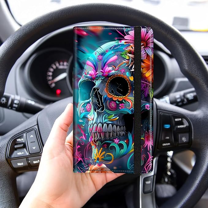 Tudguiloae Car Registration and Insurance Card Holder, Trunk Document Holder Organizer, Essential Vehicle Glove Box Organizer PU Leather Wallet for Driver,Garden Skull