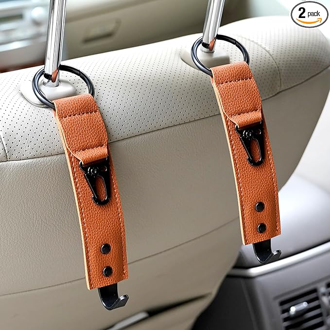 Adorila Car Hooks for Headrest - Backseat Storage Organizer Hangers - PU Leather Strap with Metal Snap Clip for Bags - (Brown, 2-Pack)