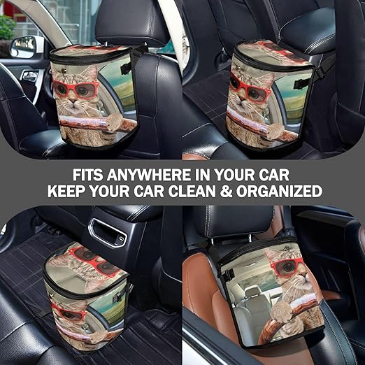 Fun Cute Cat Driving Car Trash Can Car Garbage Bag with Lid Hanging Waterproof Leak Proof Vehicle Storage Bin