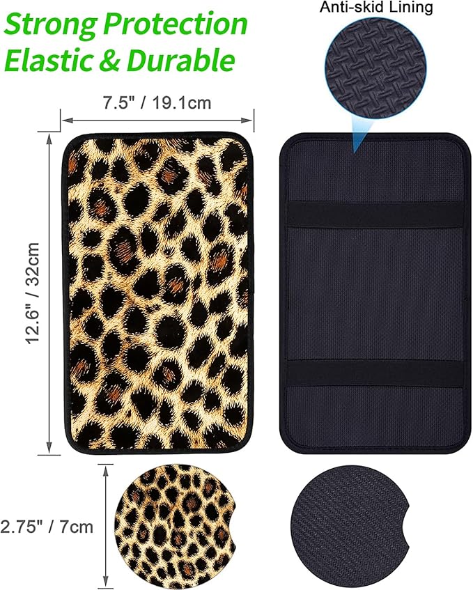 JANENFNA Car Armrest Cover Pads Universal Fashion Cute Auto Center Console Armrest Cover Pad with 2PCS Car Coasters Soft Waterproof Car Armrest Seat Protector for Women,Leopard Pattern