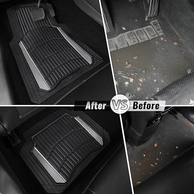 CAR PASS Heavy Duty Rubber Car Floor Mats, Deep Waterproof Car Floor Mats All Weather, Aluminum Film Floor Mats for Cars Non-Slip Universal Trim to Fit for SUVs Trucks Sedans Vans, Black Grey Metallic
