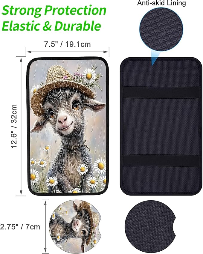 JANENFNA Car Armrest Cover Pads Universal Fashion Cute Auto Center Console Armrest Cover Pad with 2PCS Car Coasters Soft Waterproof Car Armrest Seat Protector for Women,Goat in Daisy Rain