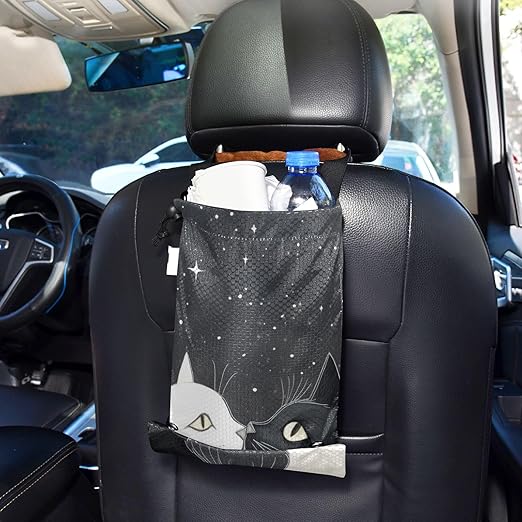 ALAZA Hanging Car Trash Bags Garbage Bag Trash Can for Back Seat Small Black Cat White Cat Washable Storage Bag Retractable 2 Pack