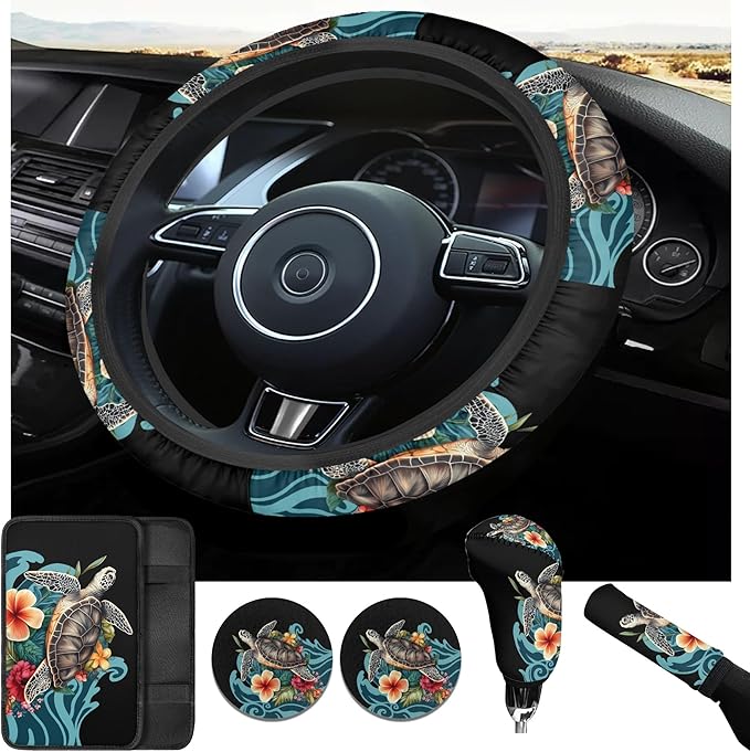 Blue Sea Turtle Steering Wheel Cover Sets Flower Print Car Accessories Handbrake Cover Cup Coaster Car Interiors Decor for Men Women 6pcs