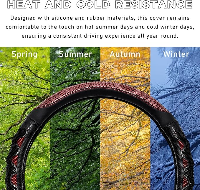 Car Steering Wheel Cover, 15 Inch Leather D-Shaped Comfy Grip Steering Wheel Protector, Anti-Slip Steering Wheel Cover with 3D Honeycomb for Most Vehicles, Car Accessories (Red)