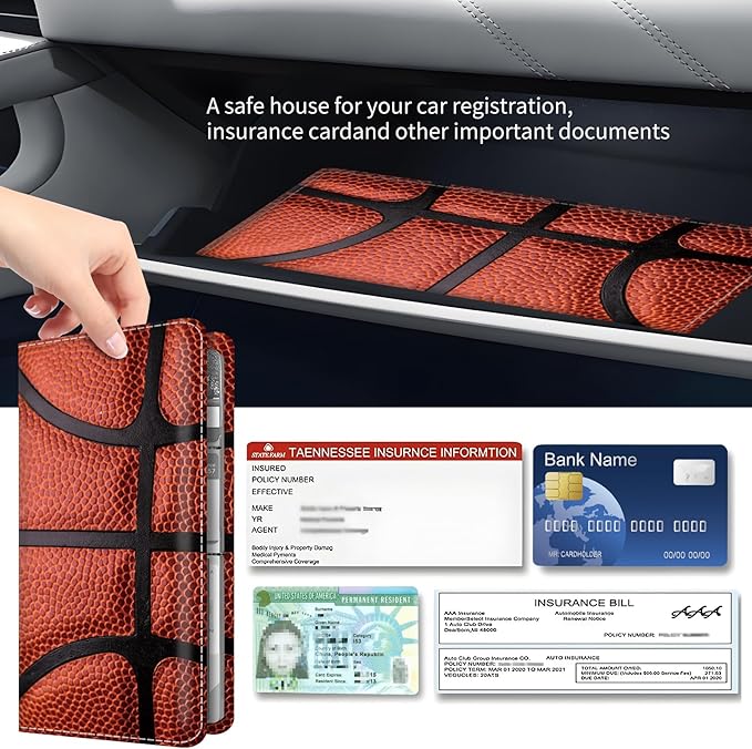 BAUCIWLD Premium Car Registration and Insurance Card Holder, Cute PU Leather Car Document Holder, Vehicle Glove Box Car Organizer with Magnetic Closure for Driver License, Cards Basketball Texture