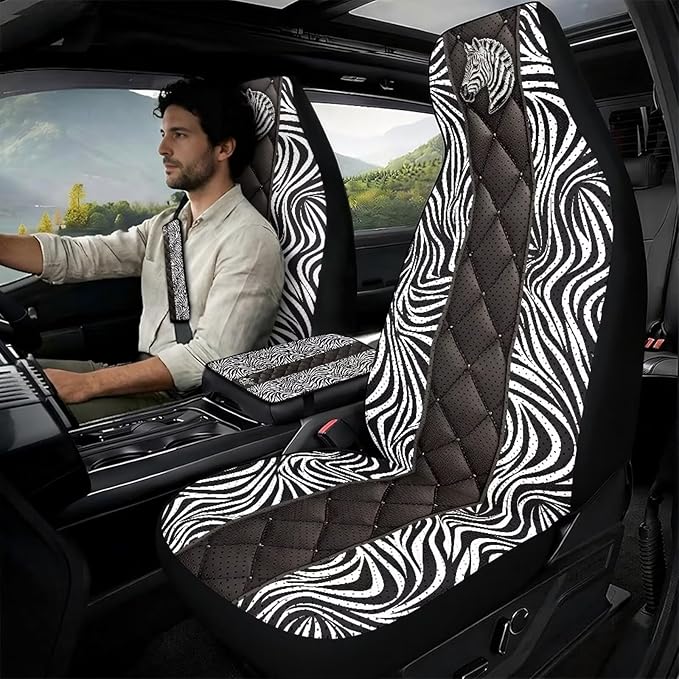 Qeluxign PU Leather Car Seat Cover Set of 5 Auto Accessories 2 Front Bucket Seat Covers, 2 Seatbelt Pads & 1 Armrest Cover, Easy to Install,Zebra Print Zebra Head