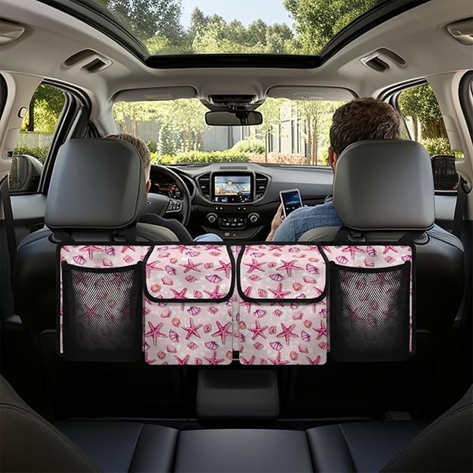 Car Trunk Organizer and Storage, Sea Starfish Backseat Hanging Organizer for SUV, Truck, Waterproof, Collapsible Cargo Storage Bag with 4 Pockets, Car Interior Accessories for Women