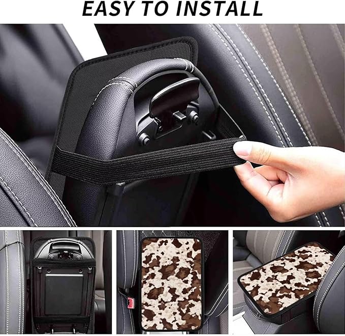 Cute Car Center Console Cover Cow Cowhide Premium Armrest Pad Scratch & Wear Resistant Cars Decor Armrest Pads Waterproof Cars Interior Accessories