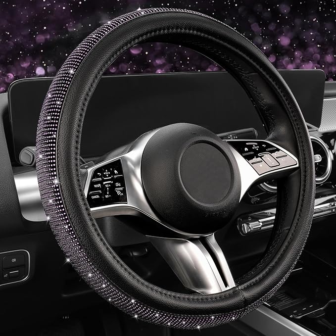 CAR PASS Bling Purple Diamond Leather Steering Wheel Cover, Sparkly Crystal Glitter Rhinestones Universal Fit 14" 1/2-15" Car Steering Wheel Protector for Women Girl Fit SUV,Van,Sedan,Truck, Purple