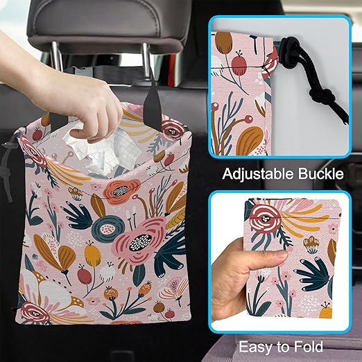 ghatobty Car Trash Bag Creative Floral Car Garbage Bag Hanging Car Trash Can for Back Seat with Drawstring, Waterproof Garbage Bags for Car Accessories Vehicle Travelling Camping Outdoor