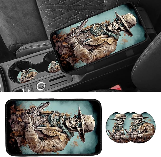 JANENFNA Car Armrest Cover Pads Universal Fashion Cute Auto Center Console Armrest Cover Pad with 2PCS Car Coasters Soft Waterproof Car Armrest Seat Protector for Women,Skull Cowboy with Gun
