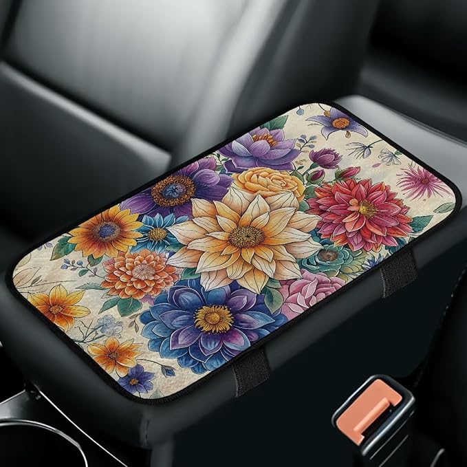 Bulopur Colorful Flowers Car Center Console Cushion Pad Flannel Center Console Cover Easy to Install Car Decor Accessories Auto Universal Car Interior Accessories Car Arm Rest Cover