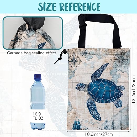 KXWQTRDD Car Garbage Bag Vintage Blue Sea Turtle Sailing Ships Drawstring Car Trash Bag Hanging for Back Seat with Adjustable Buckle Canvas Vehicle Trash Can Easy-to-Install