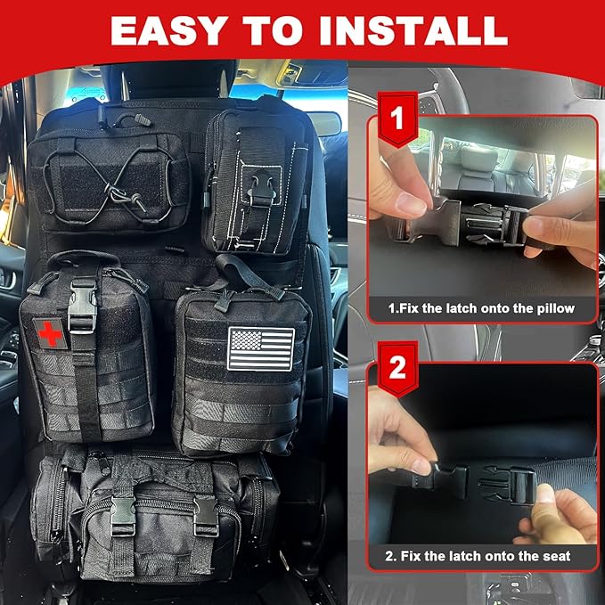 BEATUNEE Universal Tactical Front Seat Back Organizer with 5 detachable Molle Storage Bag/Hanger Bag,Applicable to all vehicle (Black)