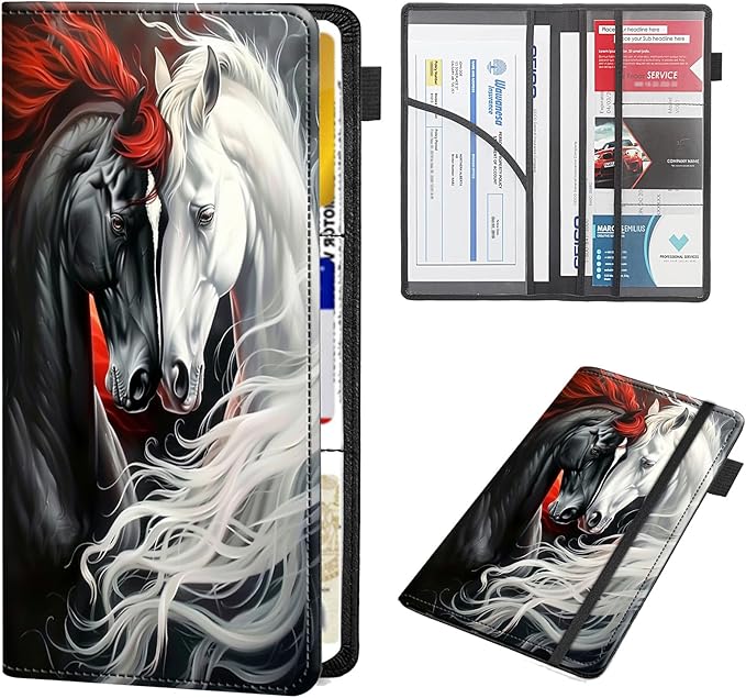 RAUEDWDJS Car Registration and Insurance Holder,Leather Vehicle Glove Box Organizer Wallet Case for Driver's License,ID Key Information Cards-Black White Horse