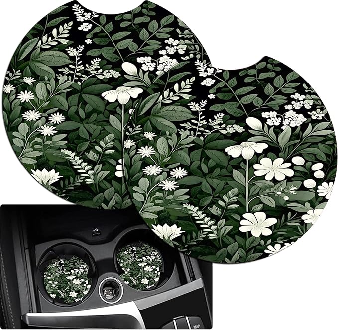 JANENFNA Car Armrest Cover Pads Universal Fashion Cute Auto Center Console Armrest Cover Pad with 2PCS Car Coasters Soft Waterproof Car Armrest Seat Protector for Women,White Flowers