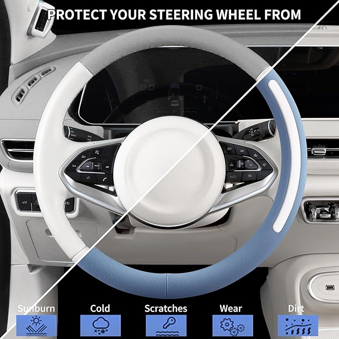 Steering Wheel Cover, Universal 15 inch, Faux Leather Steering Wheel Protector, Anti-Slip, Breathable & Heating-Compatible for Cars Trucks SUVs Vans