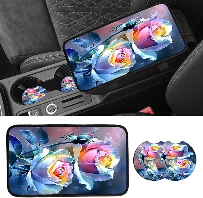JANENFNA Car Armrest Cover Pads Universal Fashion Cute Auto Center Console Armrest Cover Pad with 2PCS Car Coasters Soft Waterproof Car Armrest Seat Protector for Women,Rainbow Roses