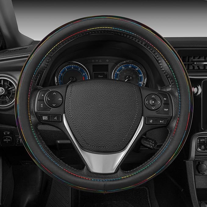 BDK Cute Iridescent Black Steering Wheel Cover for Women, Standard 15 inch Size, Sparkle Faux Leather Car Steering Wheel Cover for Truck Van SUV Auto