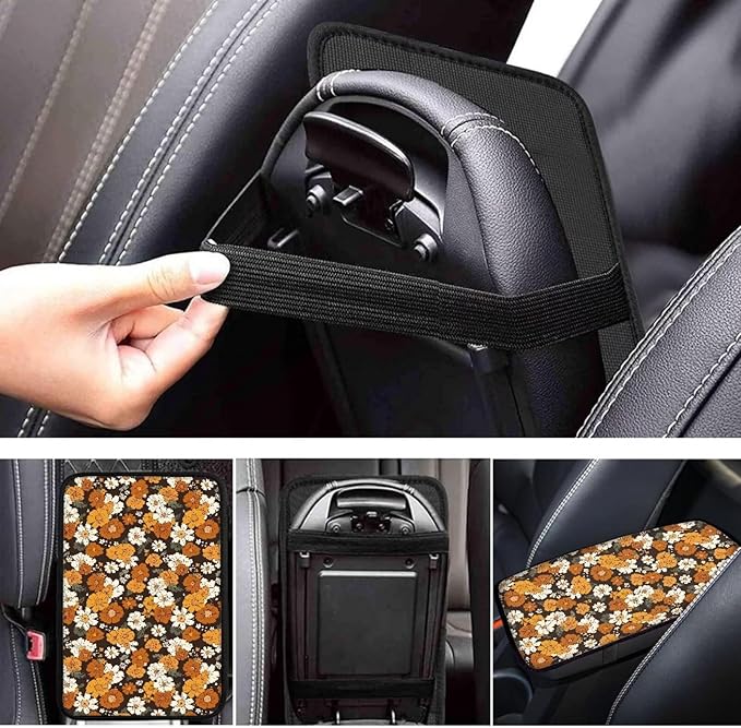 Mintutlipy Hippie Flower Orange Car Center Console Cover Car Armrest Cushion Cover Universal Car Accessories Compatible with Most Cars