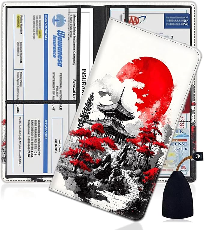 Car Document Holder with Magnetic Shut, Car Registration and Insurance Card Holder, Vehicle Glove Box Organizer Documents, Driver License, Auto Paperwork Organizer, Red Moon On Japanese Pagoda