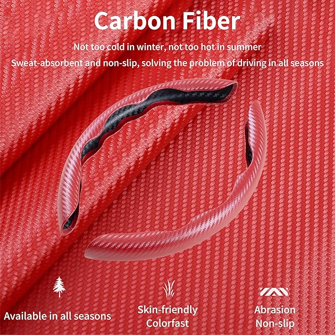 LevChall Carbon Fiber Steering Wheel Cover, 3-Piece Set Anti-Skid Comfortable Grip Segmented Butterfly Design, Easy Snap-On Installation Universal Fit 99% Cars, Red