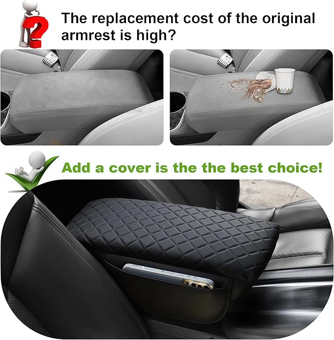 Armrest Cover for 2015-2019 Hyundai Sonata Center Console Pad with Organizer Storage Pockets, Black Faux Leather Arm Rest Lid Protector Cushion Interior Accessories