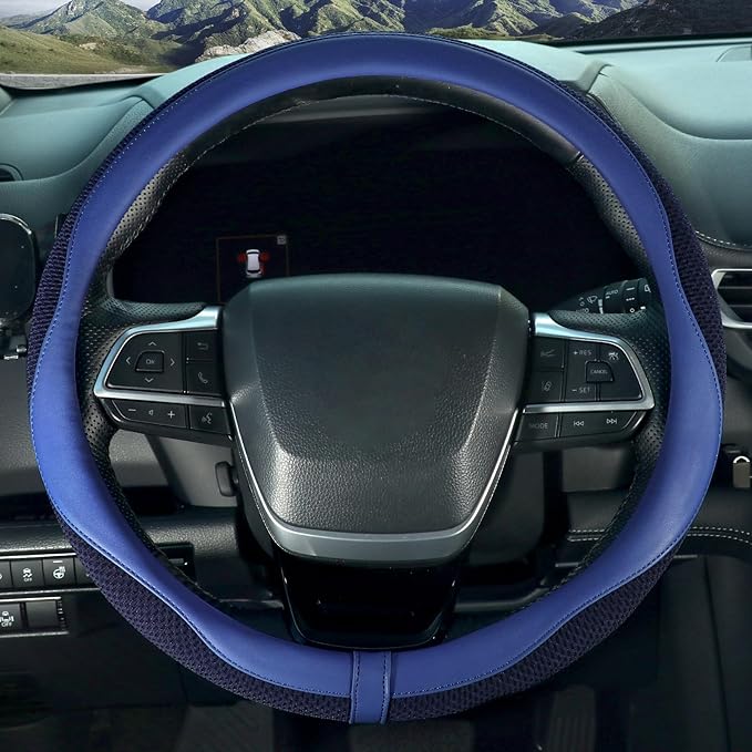 ZHOL Blue Steering Wheel Cover,Nappa Faux Leather with Comfort Grip,Non-Slip Breathable Universal Car Accessory for 15 Inch Steering Wheel