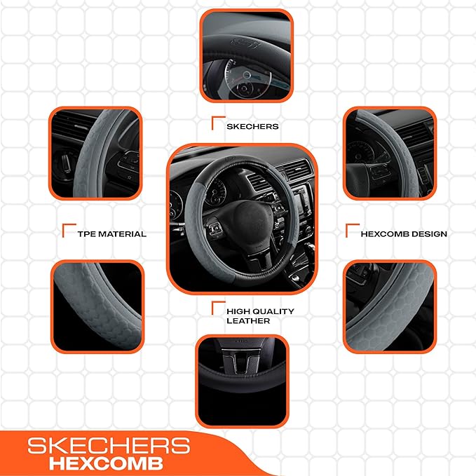 Skechers Steering Wheel Cover,Leather Steering Wheel Cover Hexcomb Design Embedded TPE Steering Wheel Universal Fit 14" 1/2-15" Car Wheel Protector for Men Women Fit Suvs,Vans,Sedans,Car,Trucks,Grey