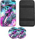 JANENFNA Car Armrest Cover Pads Universal Fashion Cute Auto Center Console Armrest Cover Pad with 2PCS Car Coasters Soft Waterproof Car Armrest Seat Protector for Women,Neon Skull Cowboy