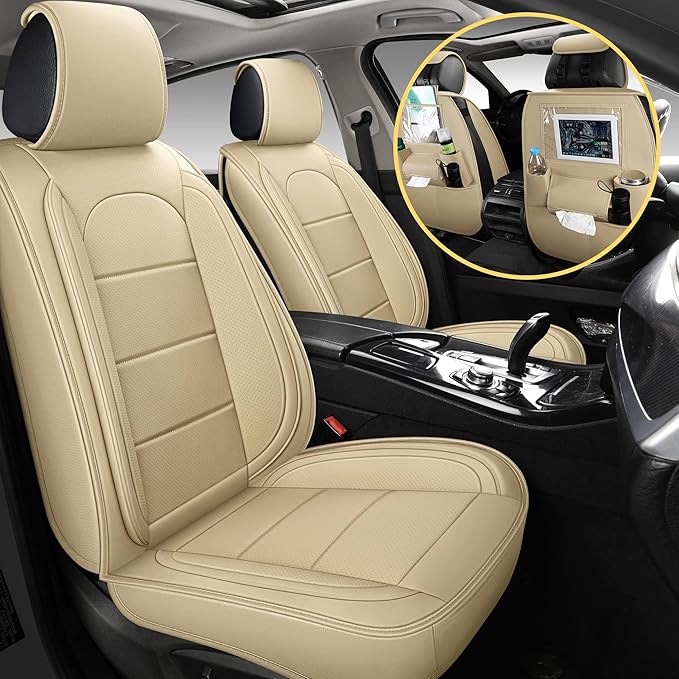 AOOG Leather Car Seat Covers with Car Backseat Organizer, Universal fit Automotive Vehicle Most Sedan SUV Pick-up Truck (Full Set, Beige)