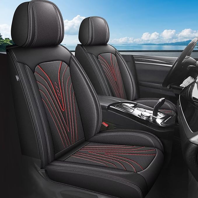 DISUTOGO Front Seat Covers Fit for Nissan Juke 2011-2017 Waterproof Faux Leather Automotive Cushion Protector Car seat Covers Compatible Airbag(2 Seats, Red Line)