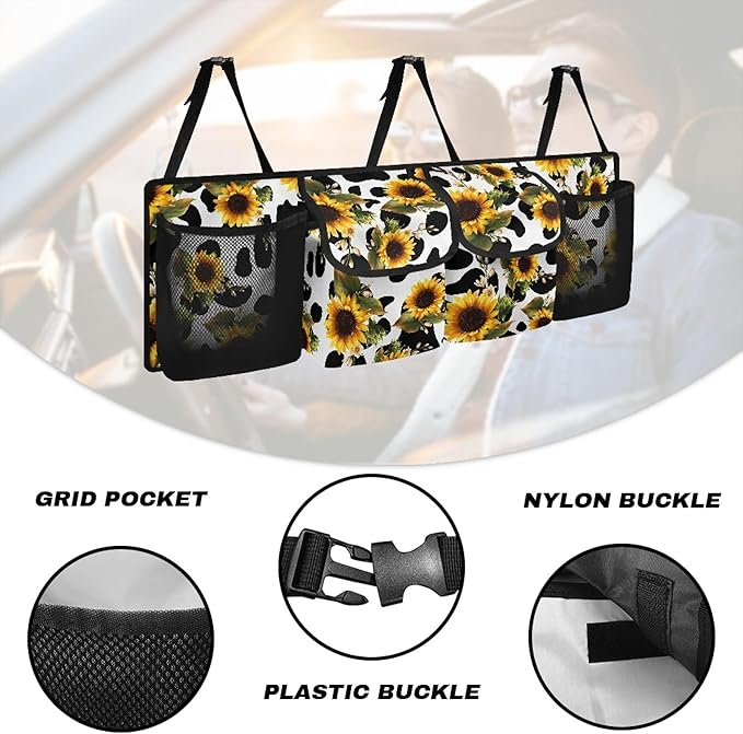 CLOHOMIN Cow Print Trunk Organizer for Car Sunflower Trunk Organizers for SUV Truck Van Collapsible Trunk Storage Organizer Backseat Hanging Car Organizer with 4 Pockets