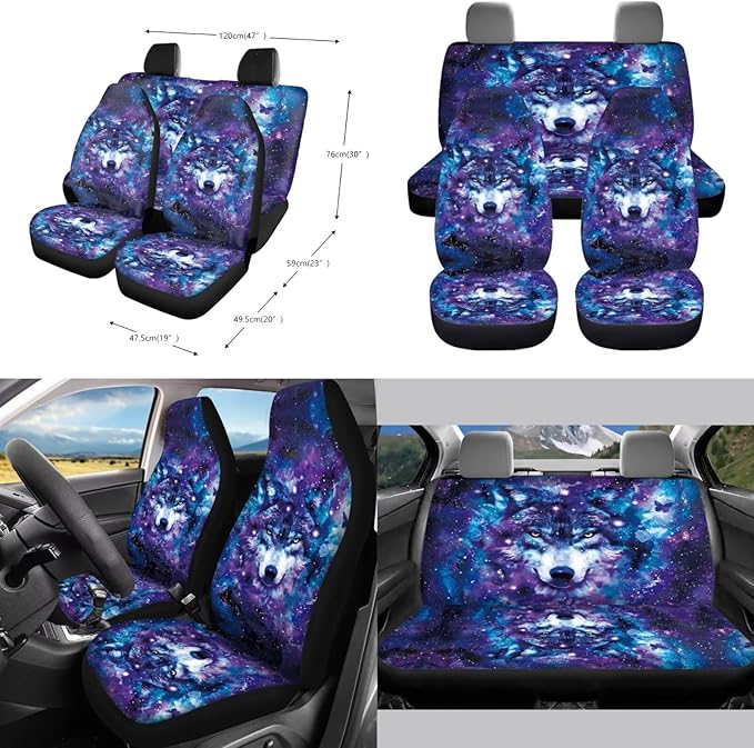 10 Piece Car Seat Cover Sets for Women and Men, Galaxy Wolf Printed Car Front and Back Seat Protector Steering Wheel Cover Trash Can Air Vent Storage Bag Wristlet Keychain